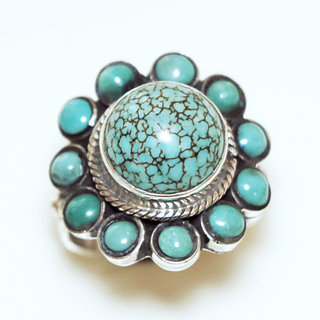 Bijoux ethniques indiens bague en argent 925 et pierre fine turquoise naturelle fleur npalais - 170 Npal c