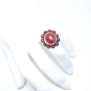 Bijoux ethniques indiens bague en argent 925 et pierre fine corail rouge fleur npalais - 170 Npal b