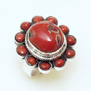 Bijoux ethniques indiens bague en argent 925 et pierre fine corail rouge fleur npalais - 170 Npal