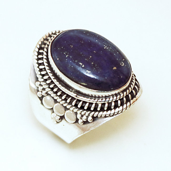 Bague chevalière ovale filigranes argent 925 et Lapis-Lazuli 2,5 cm - Inde 017 - M