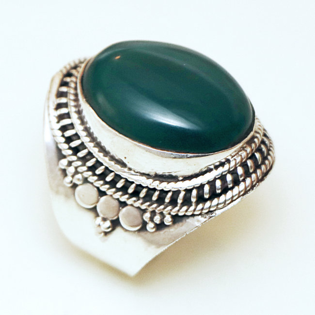 Bague chevalière ovale filigranes argent 925 et Agate verte 2,8 cm - Inde 017 - L