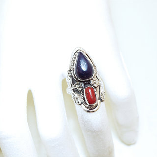 Bijoux ethniques indiens bague en argent 925 et pierre fine grande ovale triangle filigranes Lapis-Lazuli bleu vritable et corail rouge npalais - Npal 172 b