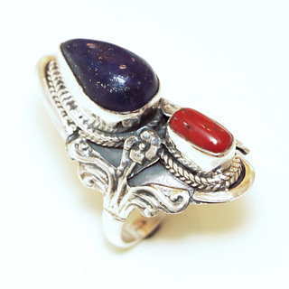 Bijoux ethniques indiens bague en argent 925 et pierre fine grande ovale triangle filigranes Lapis-Lazuli bleu vritable et corail rouge npalais - Npal 172