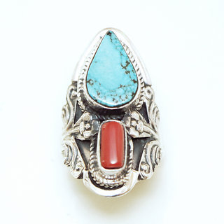 Bijoux ethniques indiens bague en argent 925 et pierre fine grande ovale triangle filigranes turquoise vritable et corail rouge npalais - Npal 172 c
