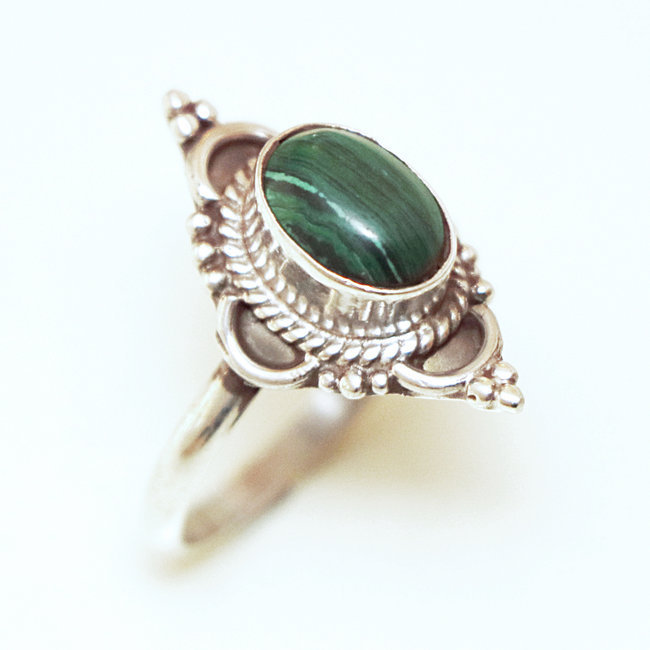 Bague fine ovale fleur filigranes en argent 925 Malachite - Inde 133