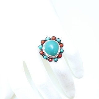 Bijoux ethniques indiens bague en argent 925 et pierre fine turquoise naturelle corail goutte npalais - 173 Npal b