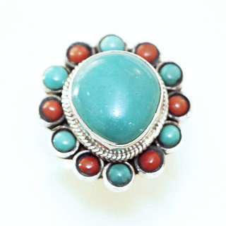 Bijoux ethniques indiens bague en argent 925 et pierre fine turquoise naturelle corail goutte npalais - 173 Npal c