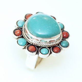 Bijoux ethniques indiens bague en argent 925 et pierre fine turquoise naturelle corail goutte npalais - 173 Npal