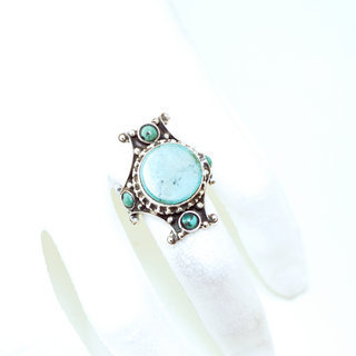 Bijoux ethniques indiens bague chevalire en argent massif 925 Croix Tibtaine pierre fine turquoise grav filigrane npalais - 312P Npal Tibet b