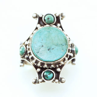 Bijoux ethniques indiens bague chevalire en argent massif 925 Croix Tibtaine pierre fine turquoise grav filigrane npalais - 312P Npal Tibet c