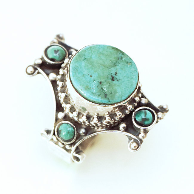 Bague chevalière tibet croix en argent 925 et Turquoise - Népal 312P