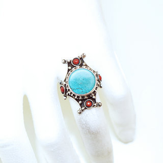 Bijoux ethniques indiens bague chevalire en argent massif 925 Croix Tibtaine pierre fine turquoise corail grav filigrane npalais - 312P Npal Tibet b