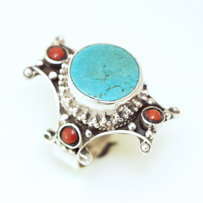 Bague chevalière tibet croix en argent 925, Corail et Turquoise - Népal 312P