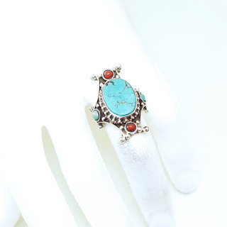 Bijoux ethniques indiens bague chevalire en argent massif 925 Croix Tibtaine pierre fine corail turquoise grav filigrane npalais - 066P Npal Tibet b