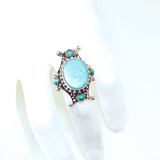 Bijoux ethniques indiens bague chevalire en argent massif 925 Croix Tibtaine pierre fine turquoise grav filigrane npalais - 066P Npal Tibet b