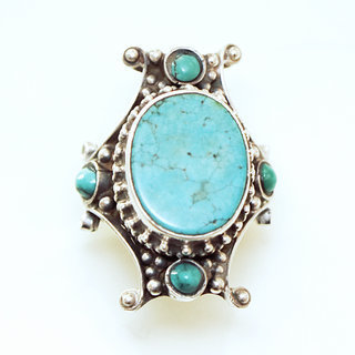 Bijoux ethniques indiens bague chevalire en argent massif 925 Croix Tibtaine pierre fine turquoise grav filigrane npalais - 066P Npal Tibet c