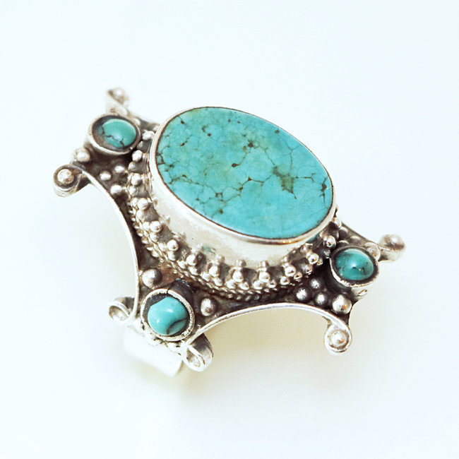 Bague chevalière croix en argent 925 et Turquoise - Népal 066P