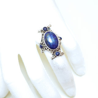 Bijoux ethniques indiens bague chevalire en argent massif 925 Croix Tibtaine pierre fine Lapis-Lazuli grav filigrane npalais - 66R Npal Tibet b