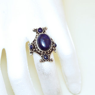 Bijoux ethniques indiens bague chevalière en argent massif 925 Croix Tibétaine pierre fine lapis-lazuli gravé filigrane népalais - 065 Népal Tibet b