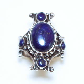 Bijoux ethniques indiens bague chevalière en argent massif 925 Croix Tibétaine pierre fine lapis-lazuli gravé filigrane népalais - 065 Népal Tibet c