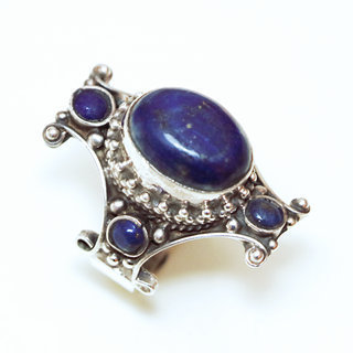 Bijoux ethniques indiens bague chevalière en argent massif 925 Croix Tibétaine pierre fine lapis-lazuli gravé filigrane népalais - 065 Népal Tibet
