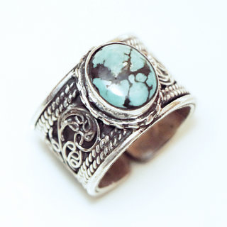 Bijoux ethniques indiens bague en argent 925 homme femme anneau filigranes et pierre fine ovale turquoise naturelle rglable ajustable ouverte npalais - Npal 003 veine