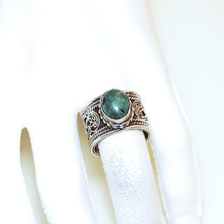 Bijoux ethniques indiens bague en argent 925 homme femme anneau filigranes et pierre fine ovale turquoise naturelle rglable ajustable ouverte npalais - Npal 003 sombre b