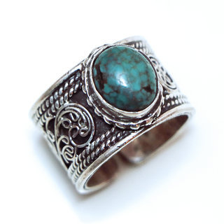 Bijoux ethniques indiens bague en argent 925 homme femme anneau filigranes et pierre fine ovale turquoise naturelle rglable ajustable ouverte npalais - Npal 003 sombre