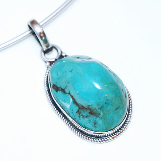 Bijoux Indiens Ethniques grand pendentif druzy en argent 925 massif femme relief et petit filigranes grav pierre fine Turquoise brute naturelle vritable npalais - Npal 030