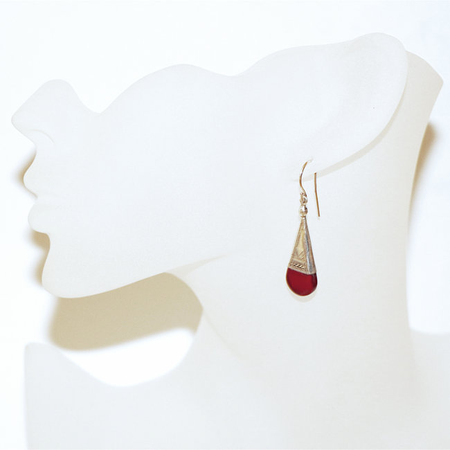 Bijoux touareg ethniques boucles d'oreilles femme argent 925 massif gravées longues pendantes et pierre Verre artisanal rouge Ingall - 014 b