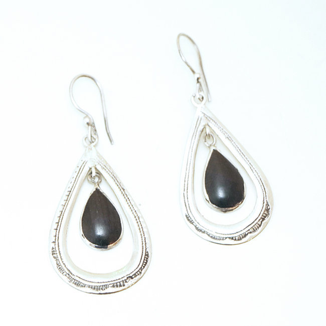 Boucles d'oreilles touareg goutte argent 925 et ébène - Niger 085