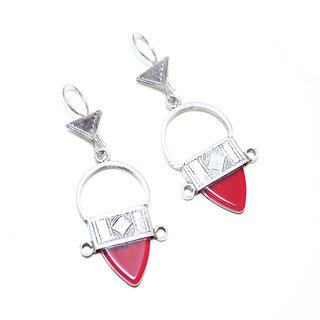 Bijoux ethniques touareg boucles d'oreilles femme argent 925 massif pendantes Croix du Sud Ingall grave losange carre et pierre Verre artisanal rouge  - Niger 021