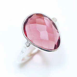 Bijoux ethniques Indiens bague argent 925 massif petites goutte facette pierre fine verre cristal grenat rose - Inde 161