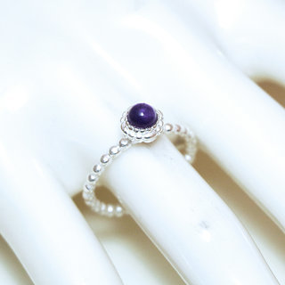 Bijoux ethniques Indiens bague argent 925 massif petite ronde perle perles bille pierre de verre cristal violet Amthyste mauve - Inde 173 b