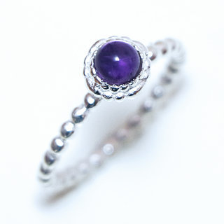 Bijoux ethniques Indiens bague argent 925 massif petite ronde perle perles bille pierre de verre cristal violet Amthyste mauve - Inde 173