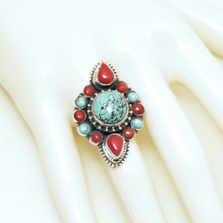 Bijoux ethniques indiens bague en argent 925 massif femme large filigranes ronde goutte et pierre fine Corail rouge et vraie Turquoise naturelle vritable - Npal 127 b