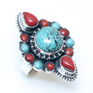 Bijoux ethniques indiens bague en argent 925 massif femme large filigranes ronde goutte et pierre fine Corail rouge et vraie Turquoise naturelle vritable - Npal 127