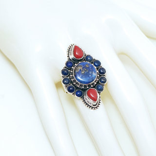 Bijoux ethniques indiens bague en argent 925 massif femme large filigranes ronde goutte et pierre fine Corail rouge et Lapis Lazuli bleu fonc - Npal 127 b