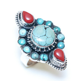 Bijoux ethniques indiens bague en argent 925 massif femme large filigranes ronde goutte et pierre fine vraie Turquoise naturelle vritable et Corail rouge - Npal 127