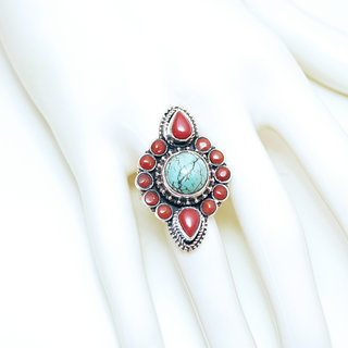 Bijoux ethniques indiens bague en argent 925 massif femme large filigranes ronde goutte et pierre fine vraie Turquoise naturelle véritable et Corail rouge ronde - Népal 177 b