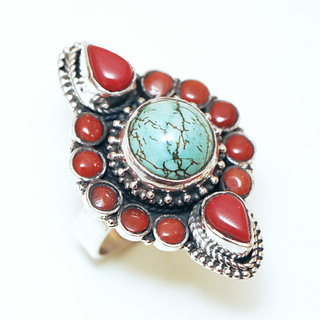 Bijoux ethniques indiens bague en argent 925 massif femme large filigranes ronde goutte et pierre fine vraie Turquoise naturelle véritable et Corail rouge ronde - Népal 177