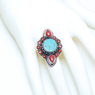 Bijoux ethniques indiens bague en argent 925 massif femme large filigranes ronde goutte et pierre fine vraie Turquoise naturelle vritable et Corail rouge plate - Npal 177 b