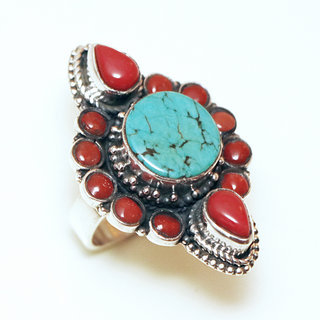 Bijoux ethniques indiens bague en argent 925 massif femme large filigranes ronde goutte et pierre fine vraie Turquoise naturelle vritable et Corail rouge ronde - Npal 177