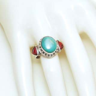 Bijoux ethniques indiens bague en argent 925 massif femme filigranes ovale triangle et pierre fine vraie Turquoise naturelle vritable et Corail rouge plate - Npal 178 b