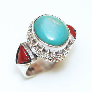 Bijoux ethniques indiens bague en argent 925 massif femme filigranes ovale triangle et pierre fine vraie Turquoise naturelle vritable et Corail rouge plate - Npal 178