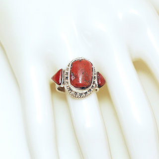 Bijoux ethniques indiens bague en argent 925 massif femme filigranes ovale triangle et pierre fine vraie Corail rouge  - Npal 178 b