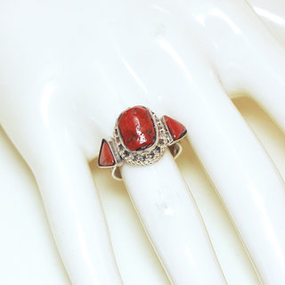 Bijoux ethniques indiens bague en argent 925 massif femme filigranes rectangle et pierre fine vraie Corail rouge  - Npal 180 b