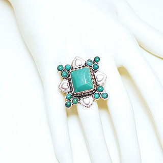 Bijoux ethniques indiens bague en argent 925 massif femme grande large filigranes rectangle coeur perles billes et pierre fine vraie Turquoise naturelle vritable  - Npal 181 b