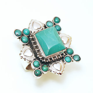 Bijoux ethniques indiens bague en argent 925 massif femme grande large filigranes rectangle coeur perles billes et pierre fine vraie Turquoise naturelle vritable  - Npal 181