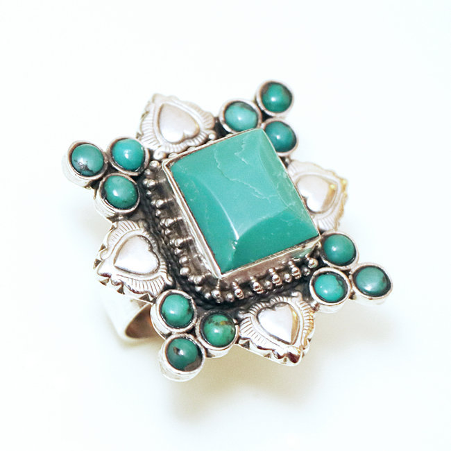 Bague large rectangle argent 925 et Turquoise naturelle - Népal 181